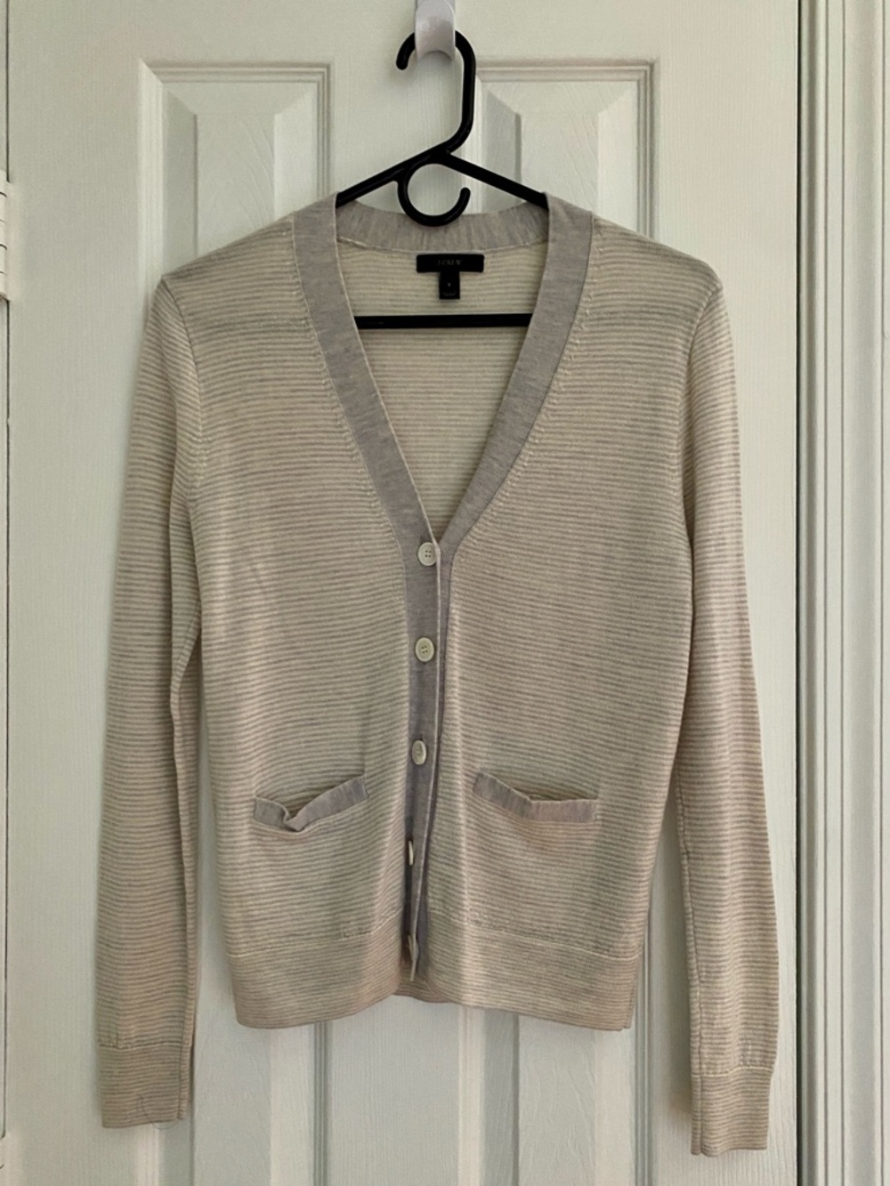 J. Crew Women’s Cream & Light Gray Ribbed V-Neck Cardigan
